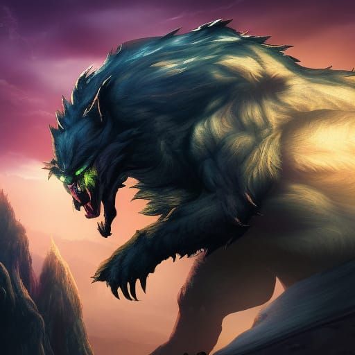 Werewolf Silhouette Under Full Moon in Hyperrealistic Style
