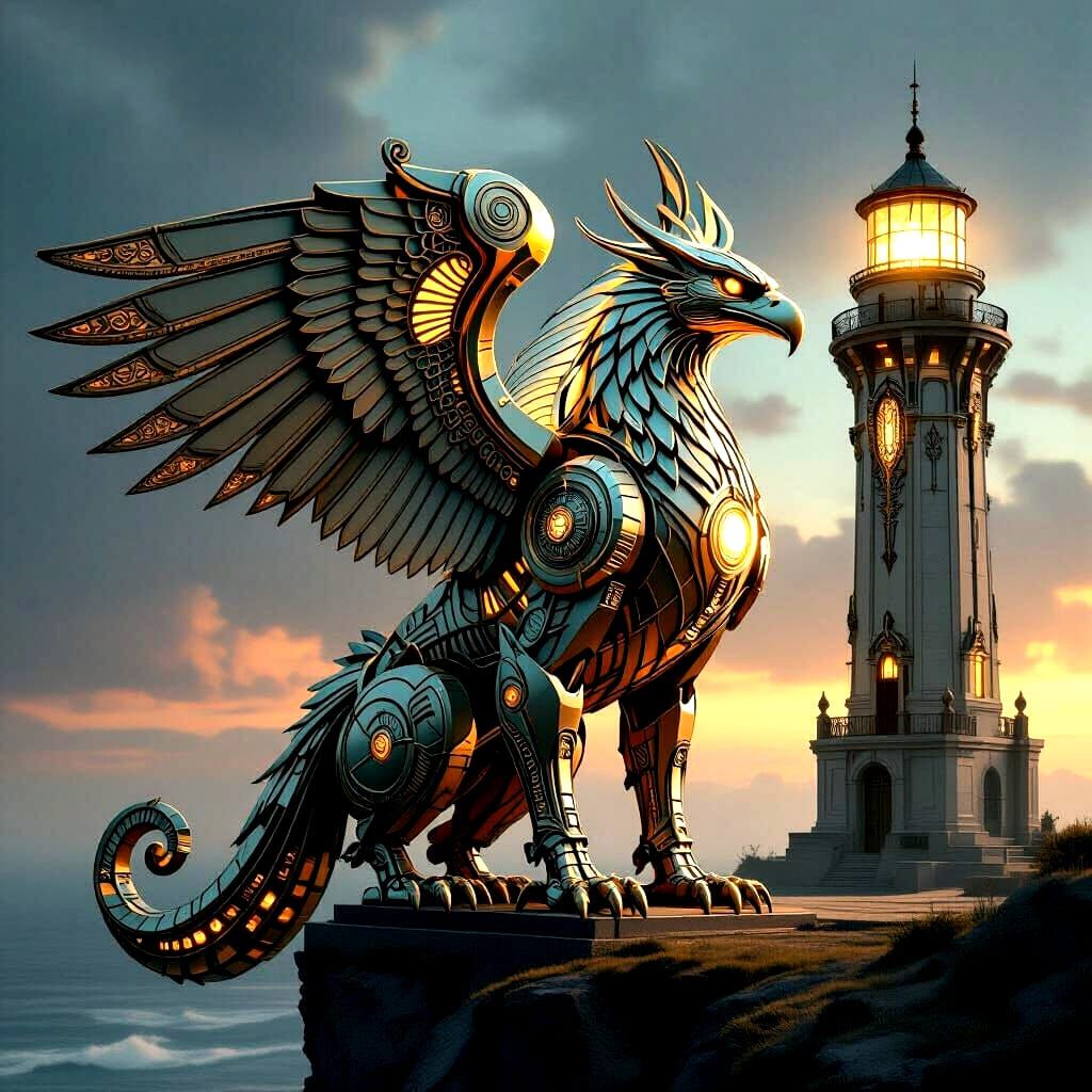 Art Deco Mechanical Griffin Guards Lighthouse