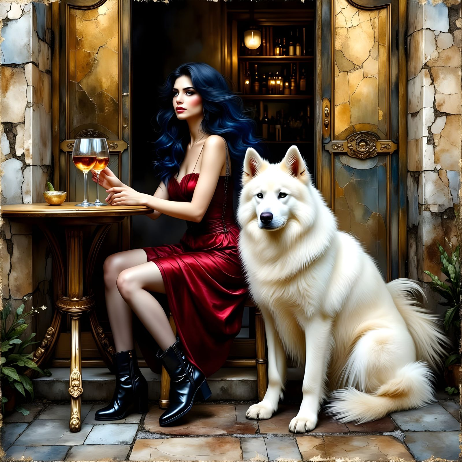 Sensual Woman at Wine Bar in Oil Painting Style
