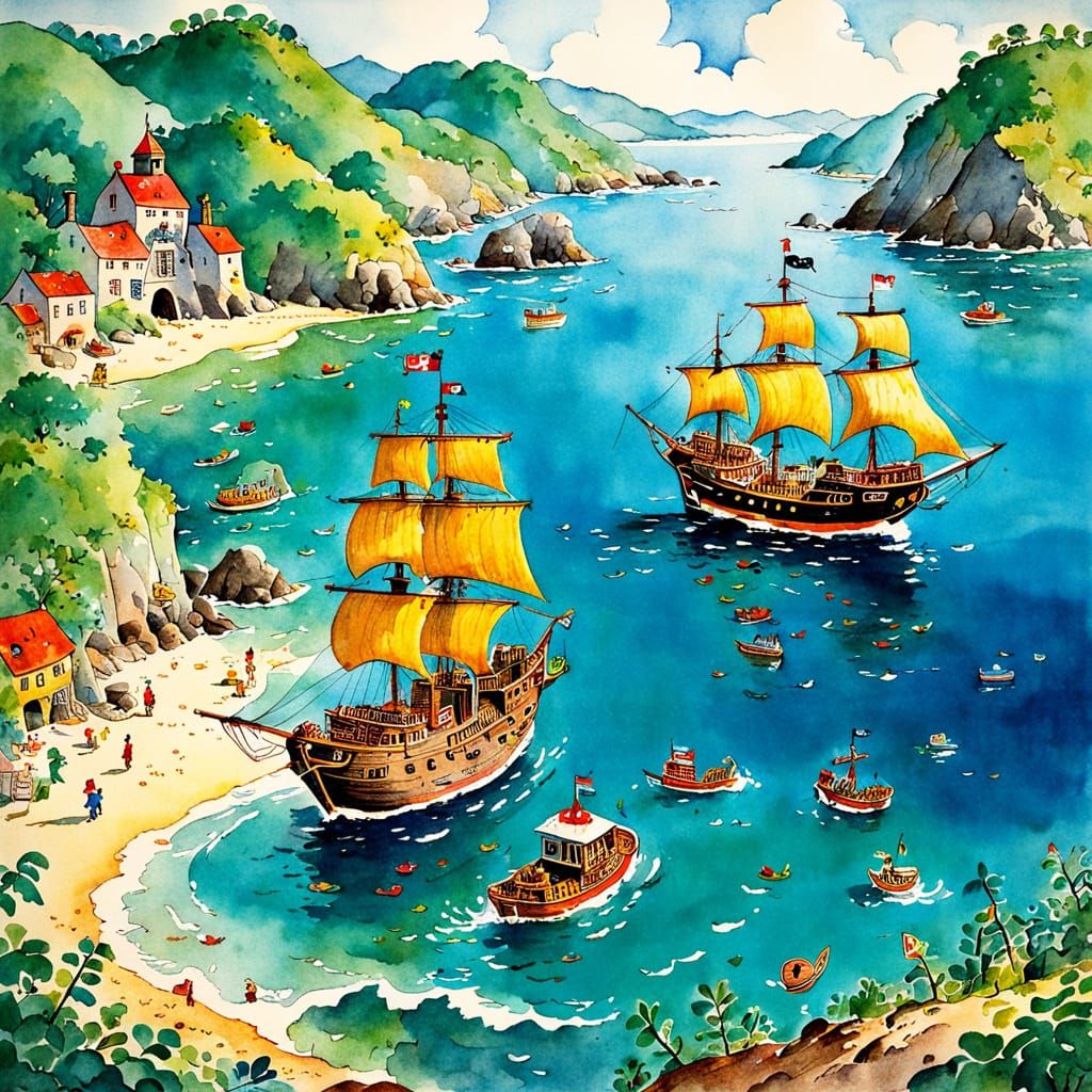 Charming Pirate Cove in Vintage Children's Illustration