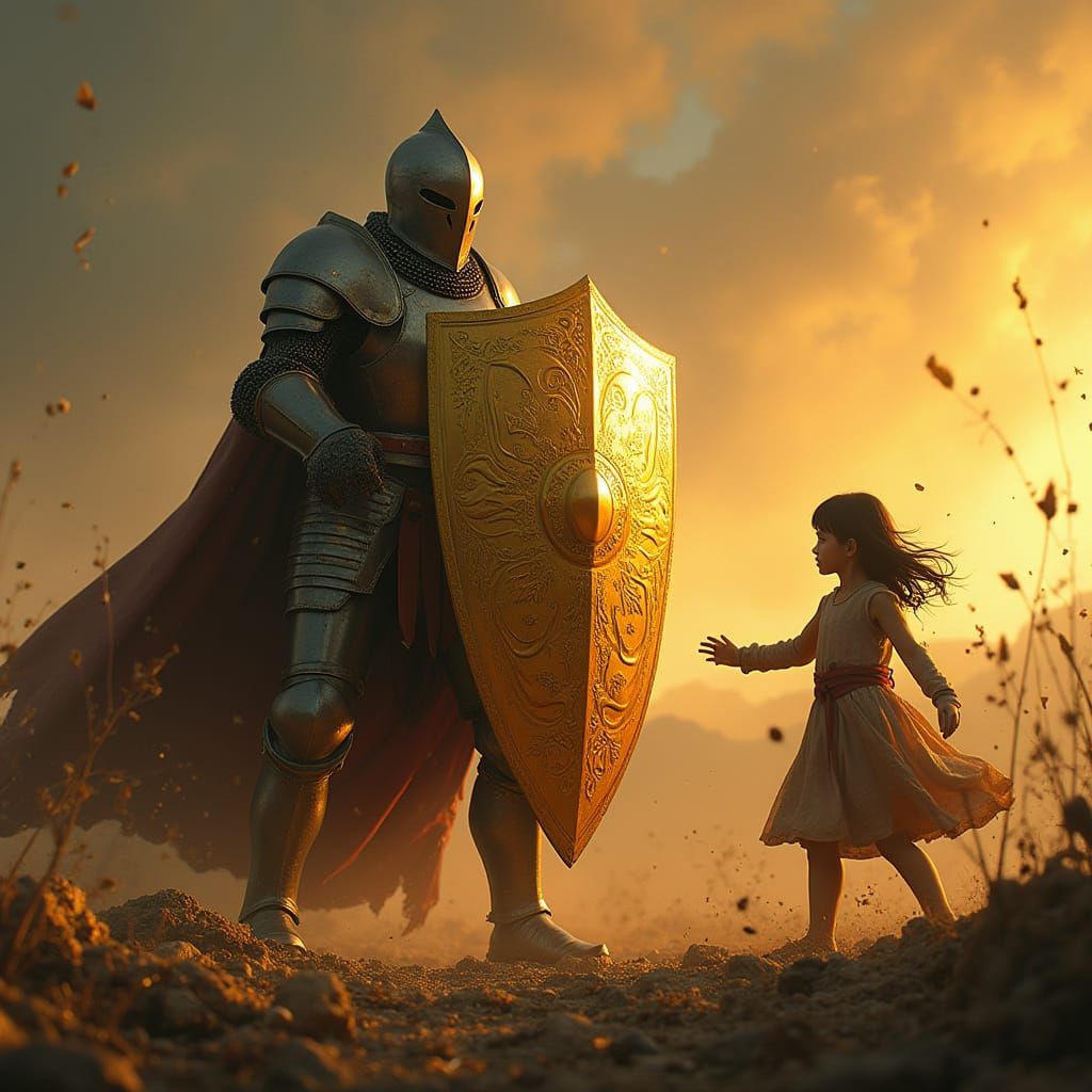 Medieval Knight's Golden Shield of Protection in a Chaotic B...