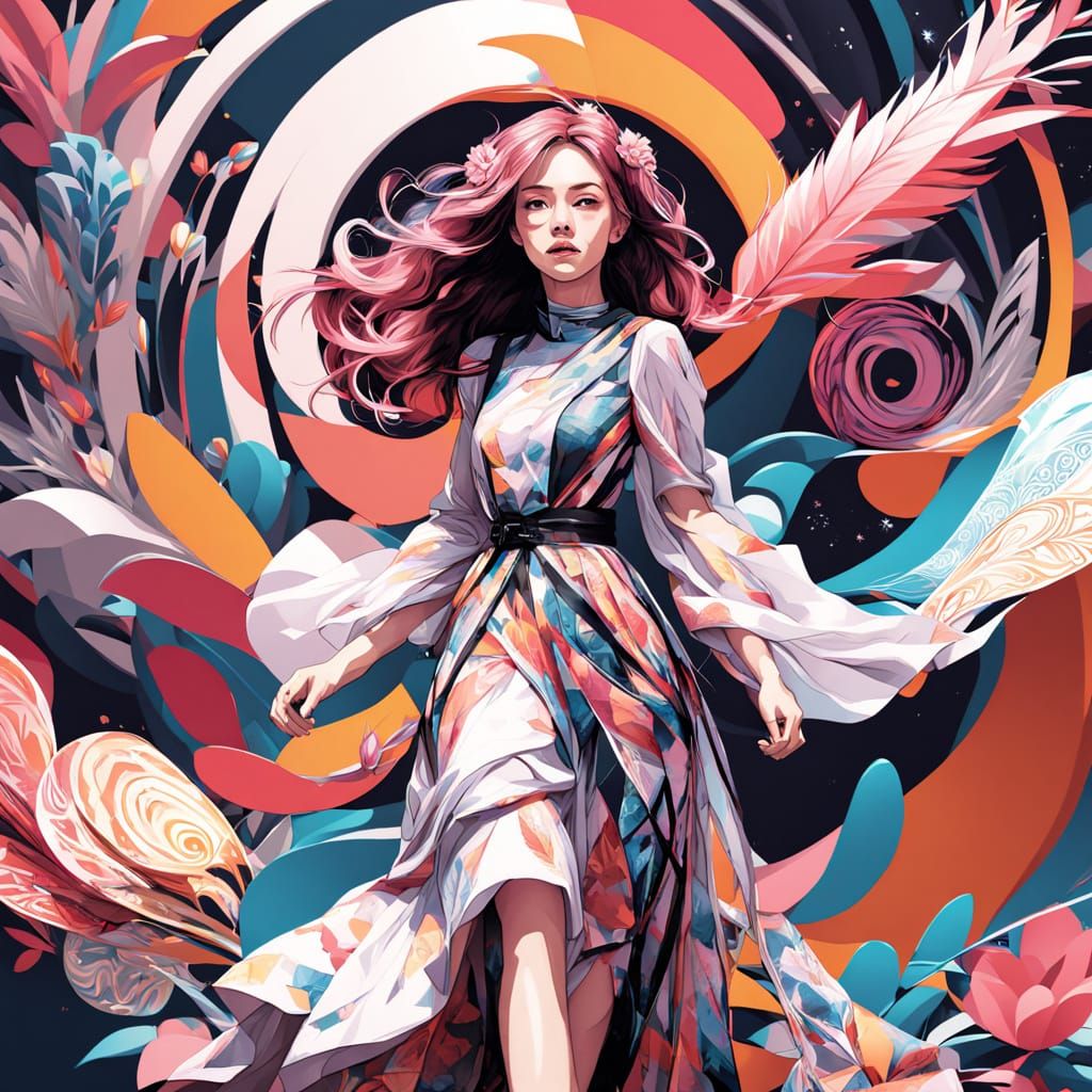 Girl in Pink Dress with Abstract Fractal Art