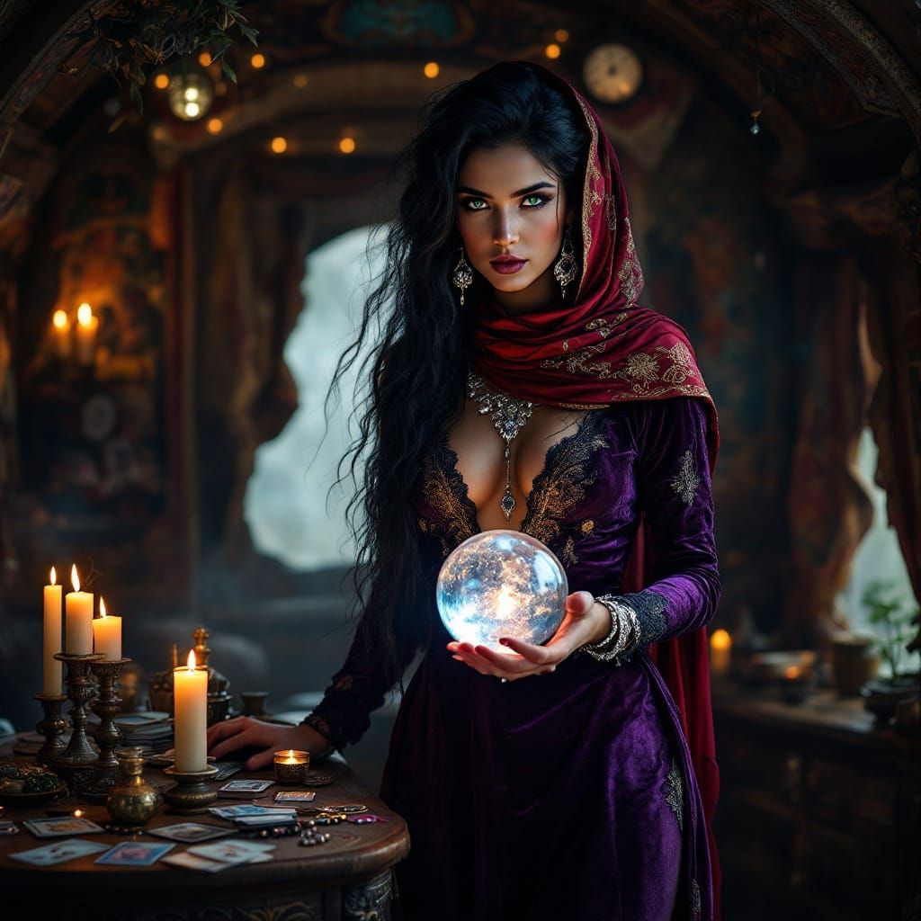 Gypsy Woman with Crystal Ball in Candlelit Wagon