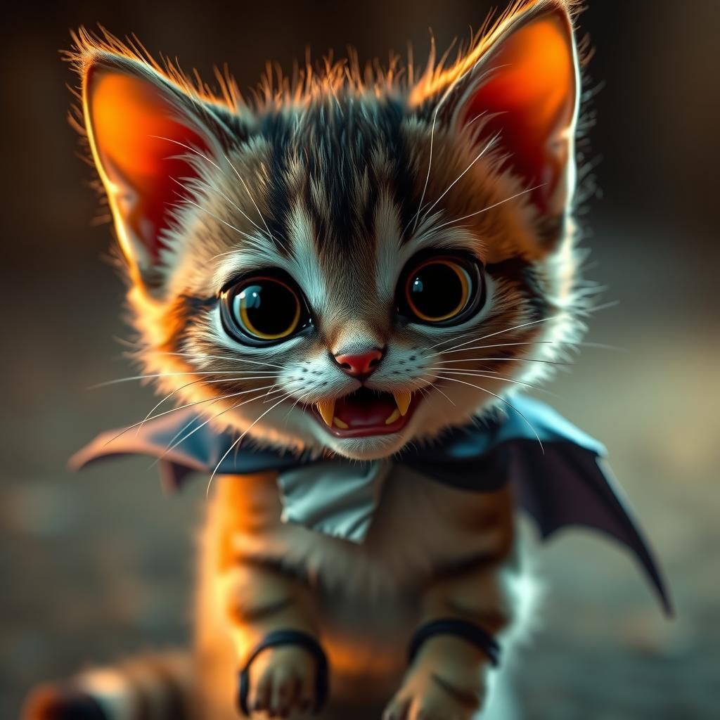 Cute Kitten Vampire in Hyperrealistic Oil Painting