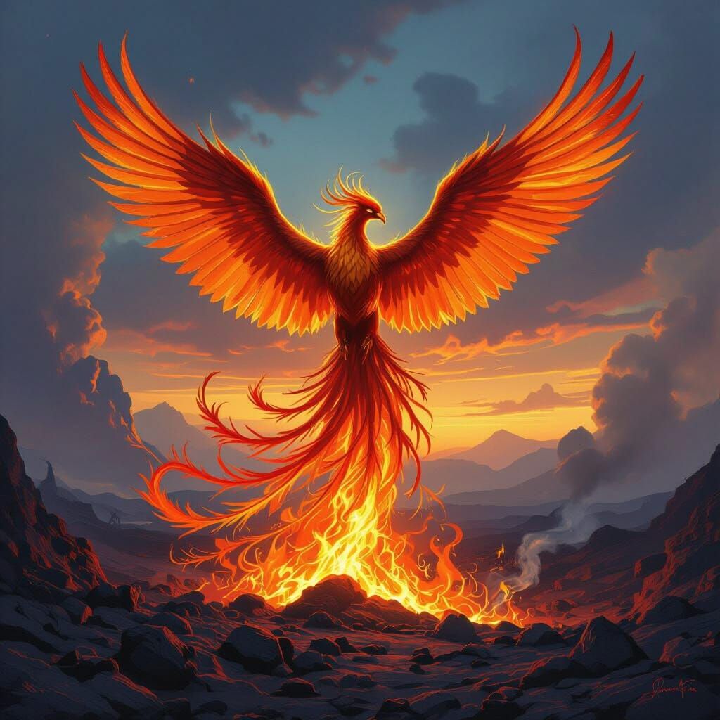Majestic Phoenix Rising in Volcanic Landscape