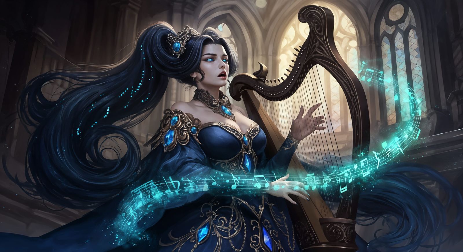 Medieval Woman with Harp and Sapphire Eyes