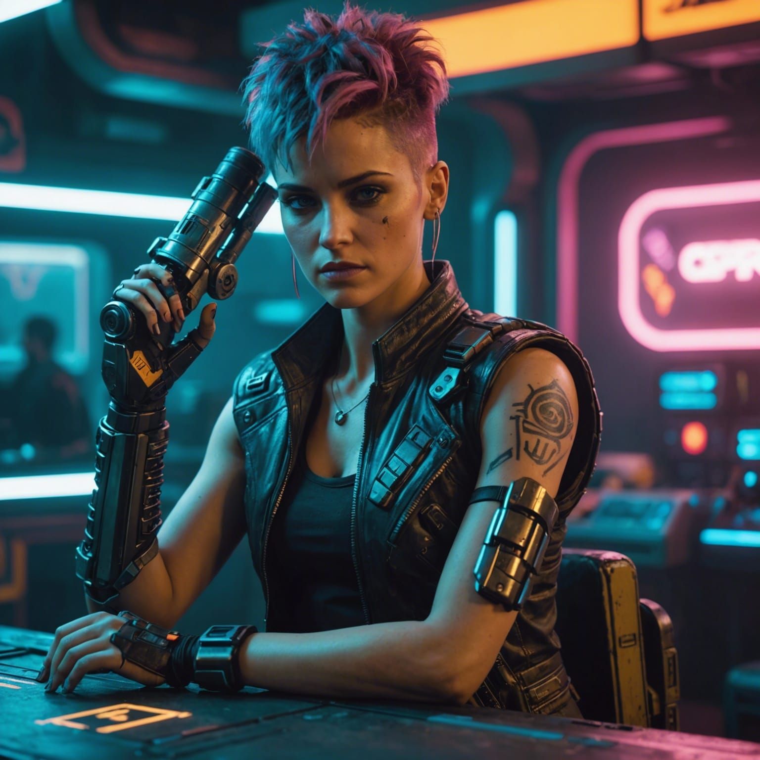 Cyberpunk Woman with Robotic Arm in Neon City