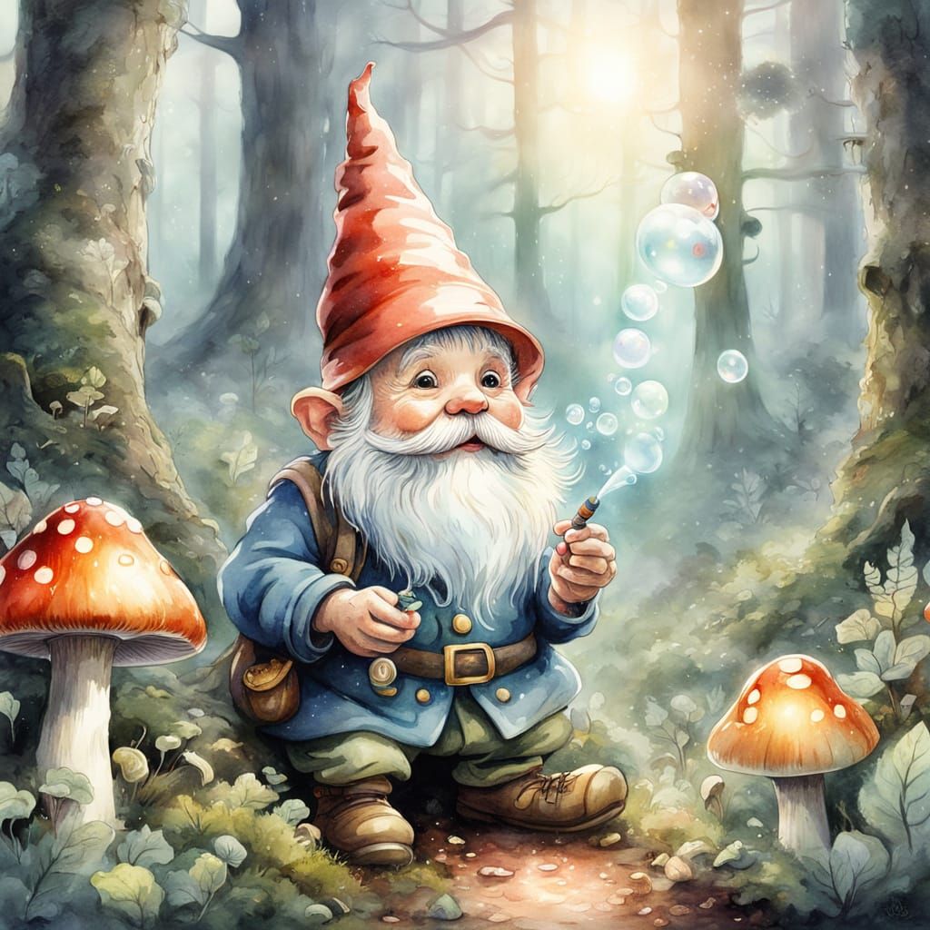 Gnome Collecting Mushrooms in Whimsical Watercolor Style