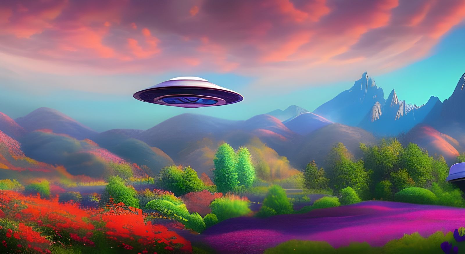 UFO over Colorful Garden, Detailed Matte Painting