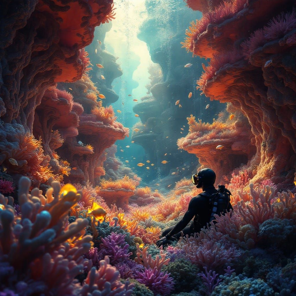 Diver Explores Surreal Underwater City