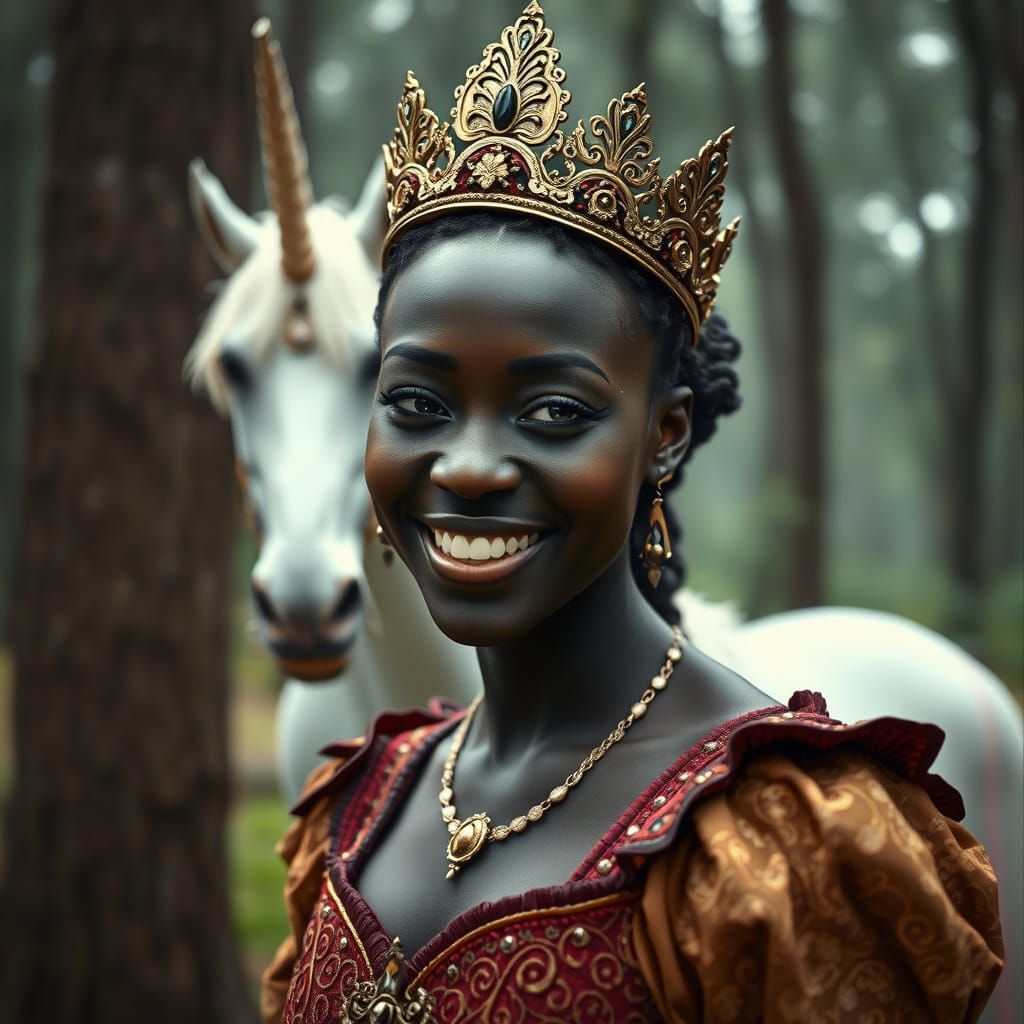 Medieval Woman with Unicorn in Magical Forest