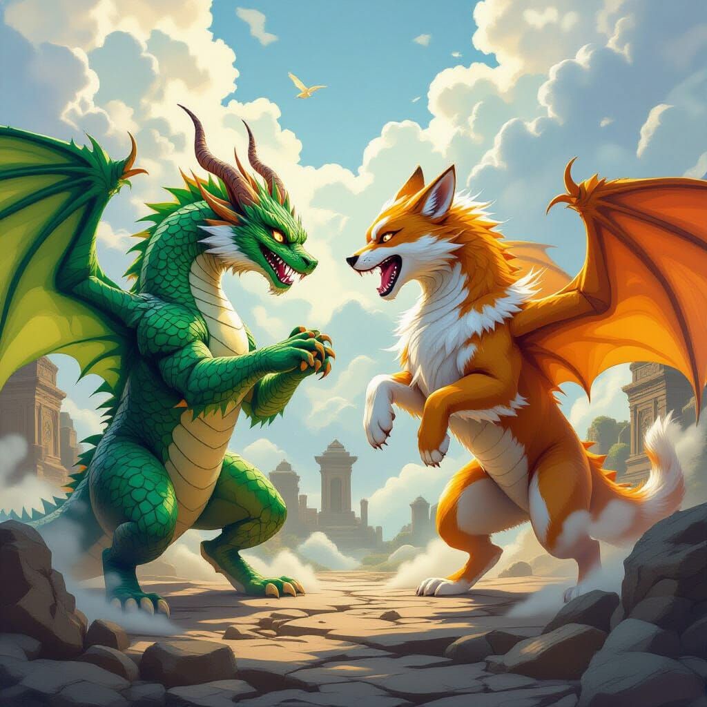 Feline vs Canine Dragon Battle in Ruins