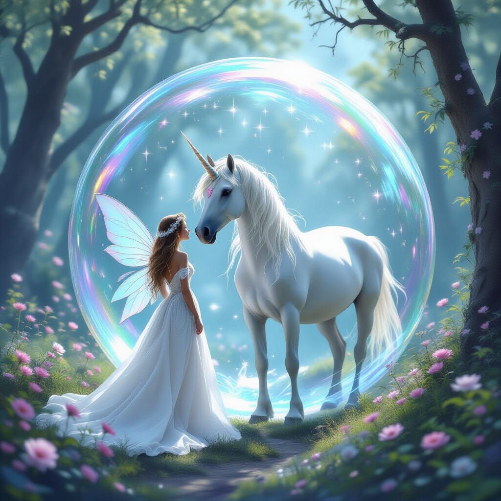 Fairy and Unicorn in Bubble Floating Through Forest