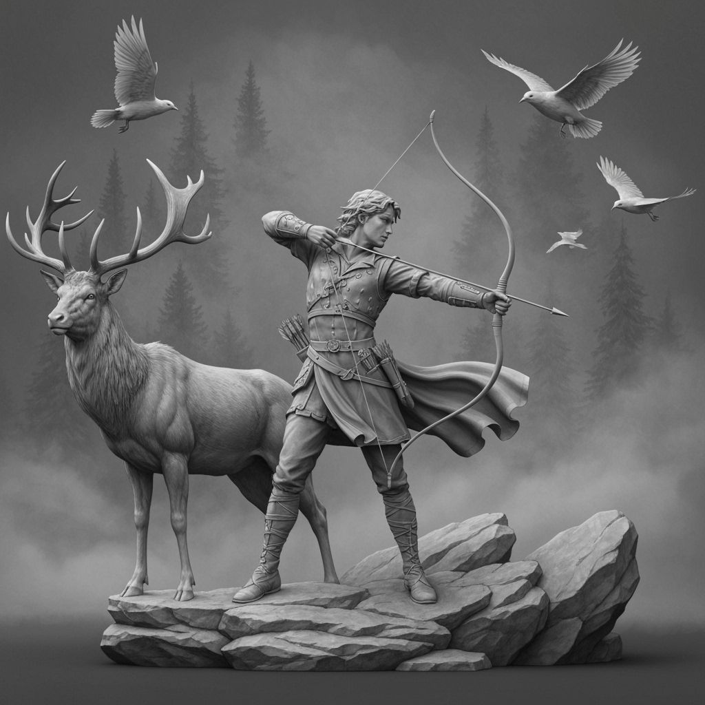 Dynamic Archer and Stag in Grayscale Digital Sculpture
