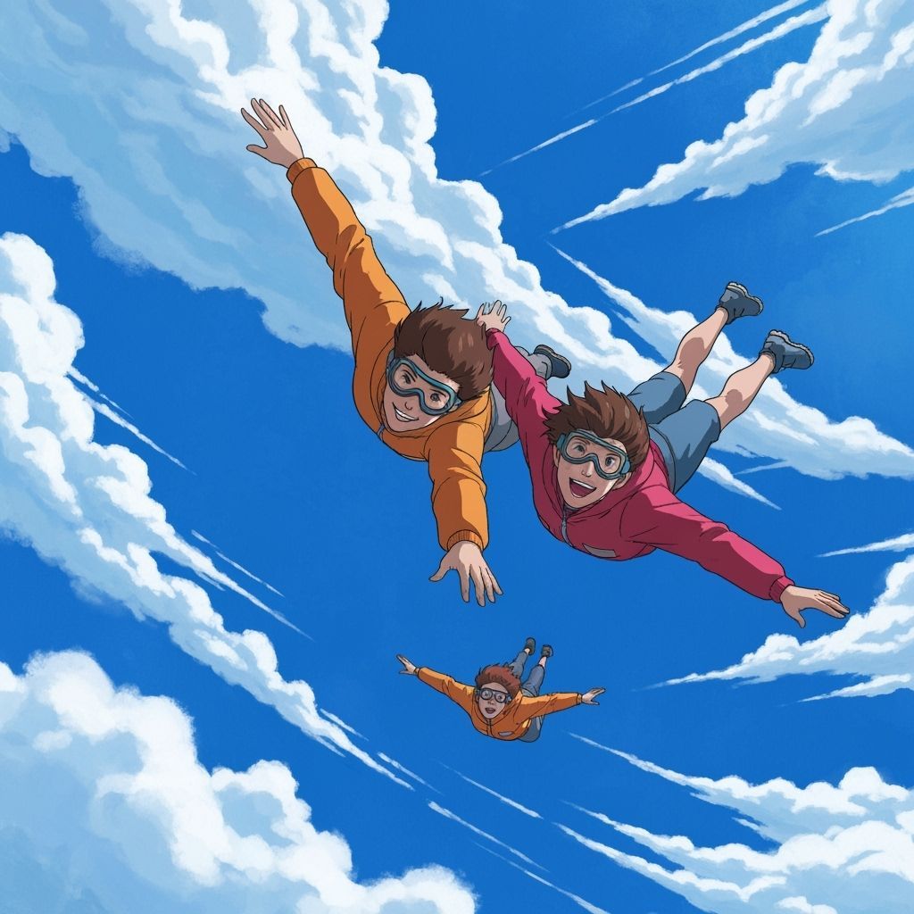 Friends Soaring Through Vibrant Sky in Whimsical Style