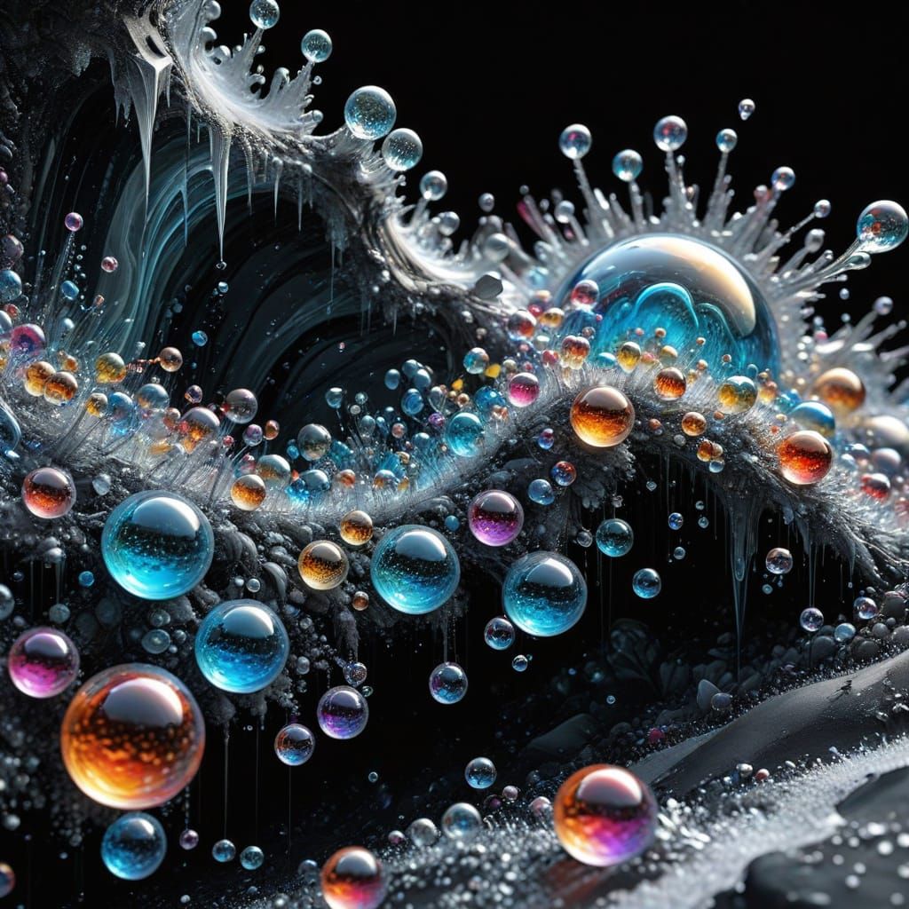 Icy Fractal Landscape with Rainbow Bubbles in 3D