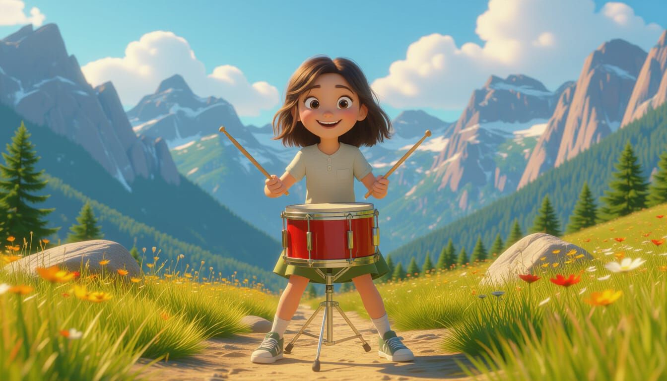 Animated Girl Plays Bucket Drum in Pixar-Style 3D