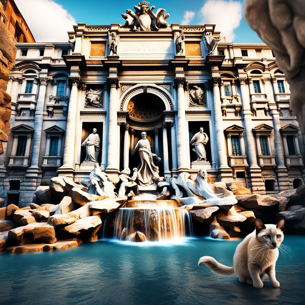 Siamese Cat at Fontana Di Trevi: Detailed Matte Painting