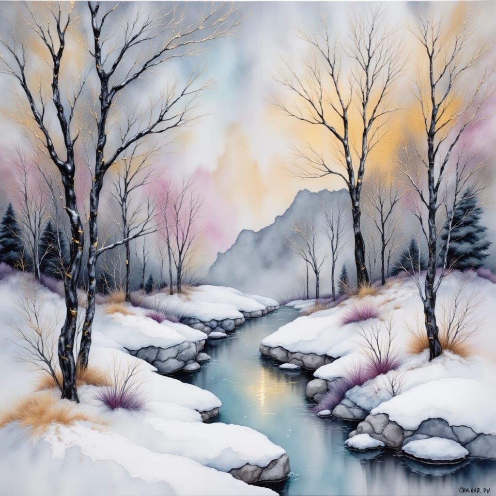 Winter Landscape in Watercolor on Marble