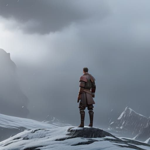 Stoic Man on Mountain in Rain, Detailed Concept Art