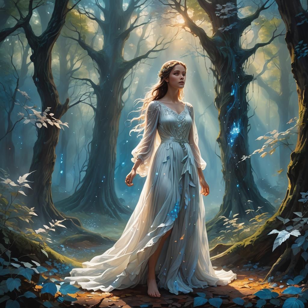Ethereal Woman in Mystical Forest: Matte Painting