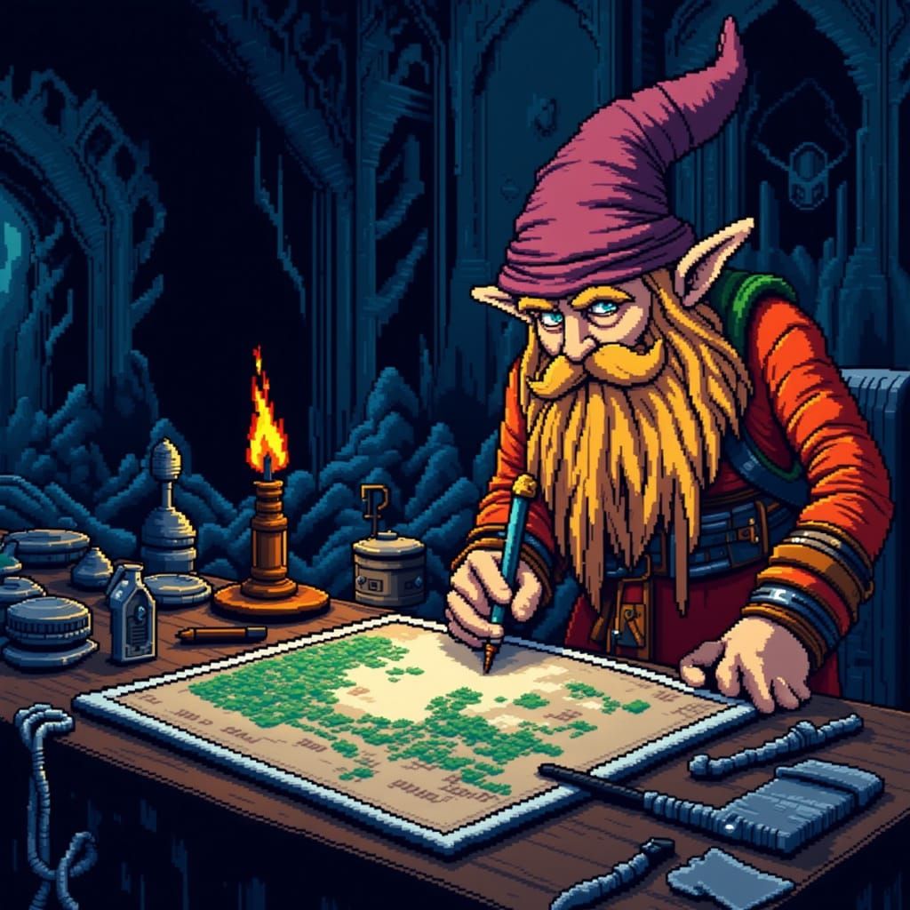 Gnome Cartographer in Retro Pixel Art Dungeon