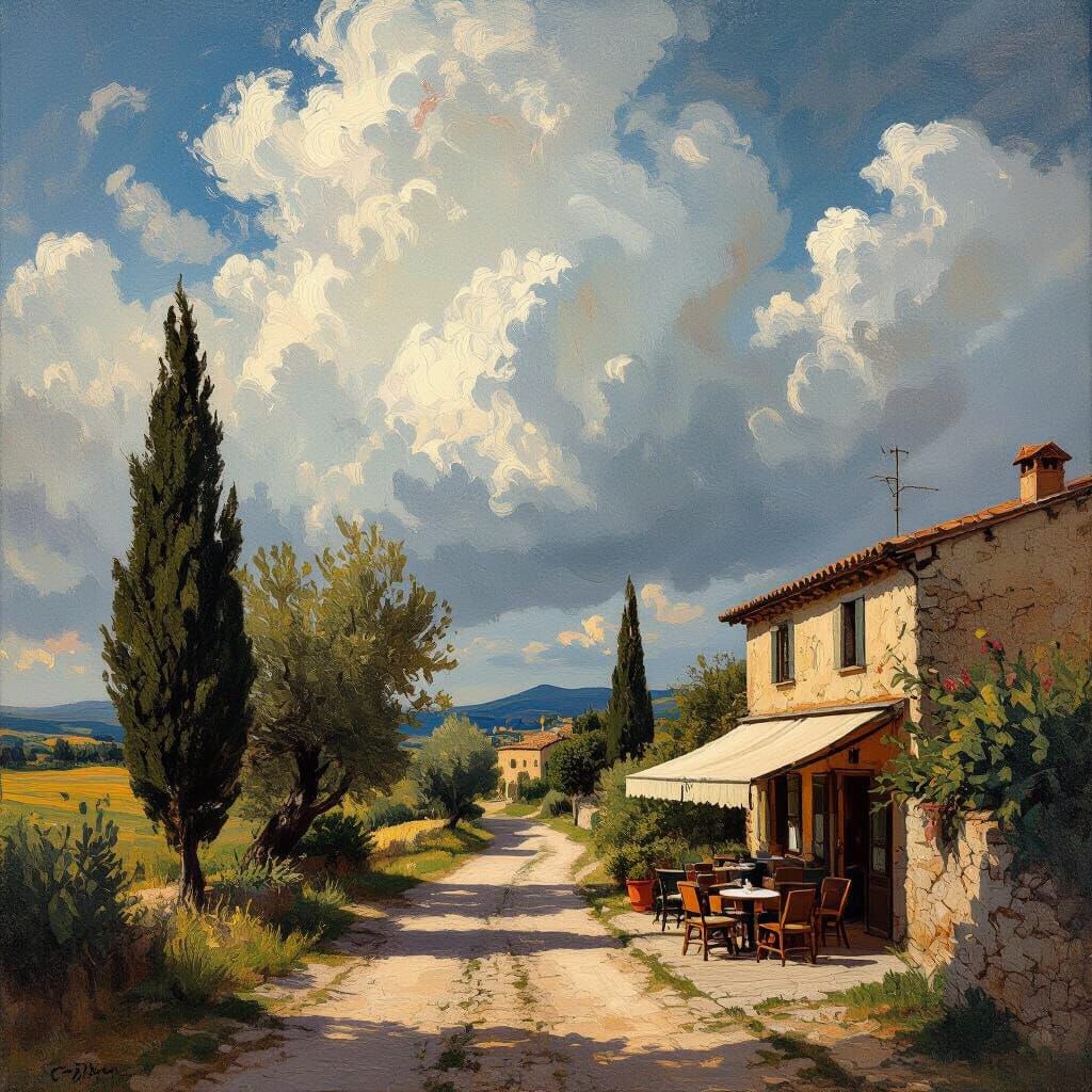Osteria on Appian Way Under Dramatic Swirling Clouds
