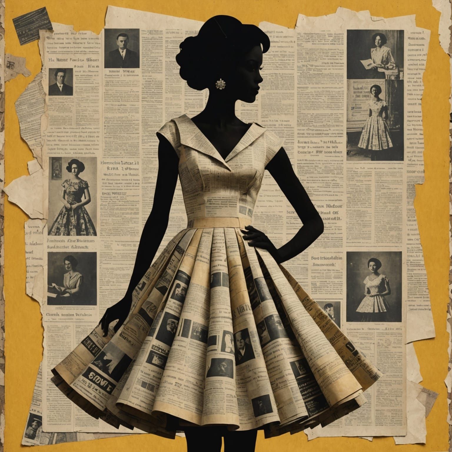 Vintage Collage Art of Woman in Newspaper Dress