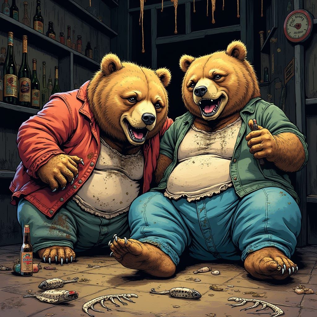 Grizzly Bears Revelry: A Steadman-Crumb Inspired Scene