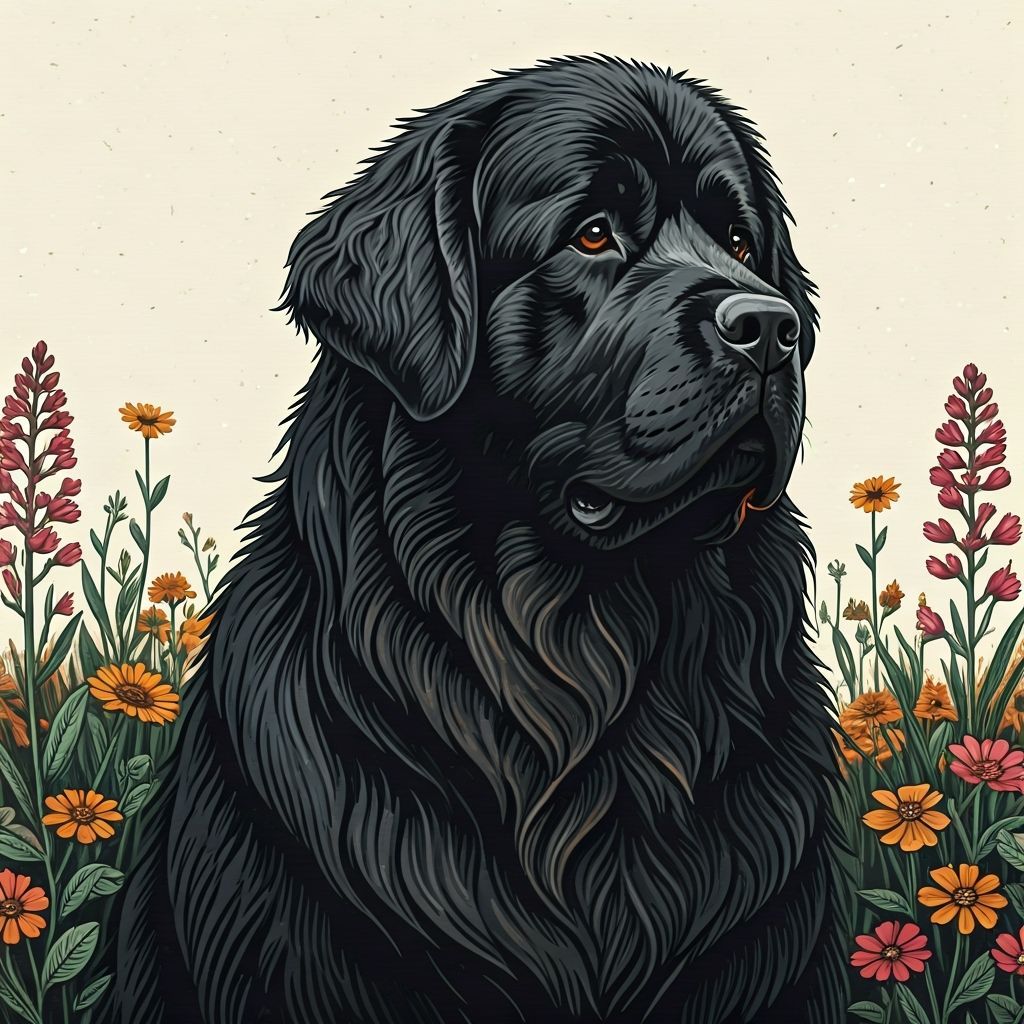 Majestic Newfoundland in Wildflower Field, Woodcut Style