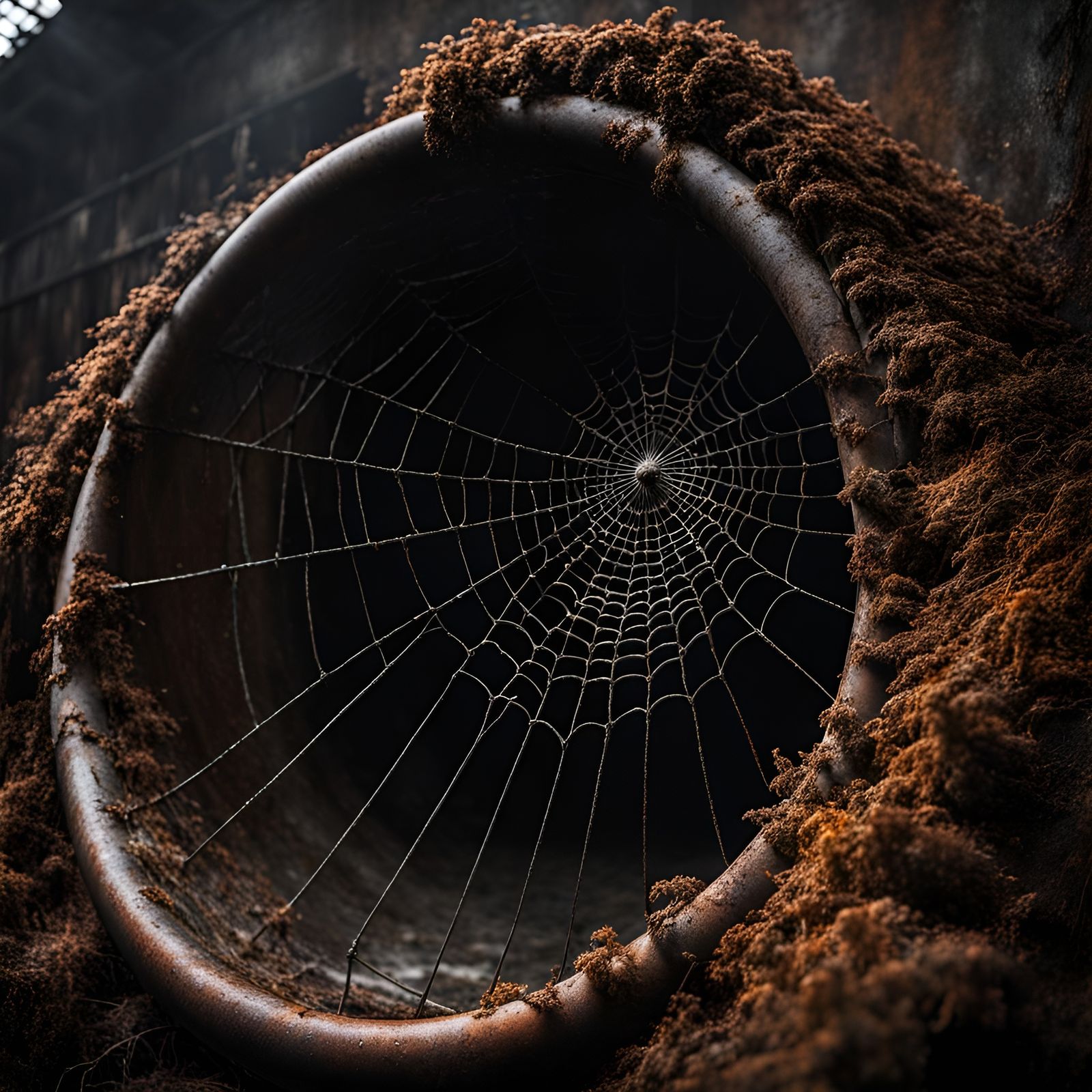 Gritty Sewer Pipe Spiderweb in Photorealistic Style
