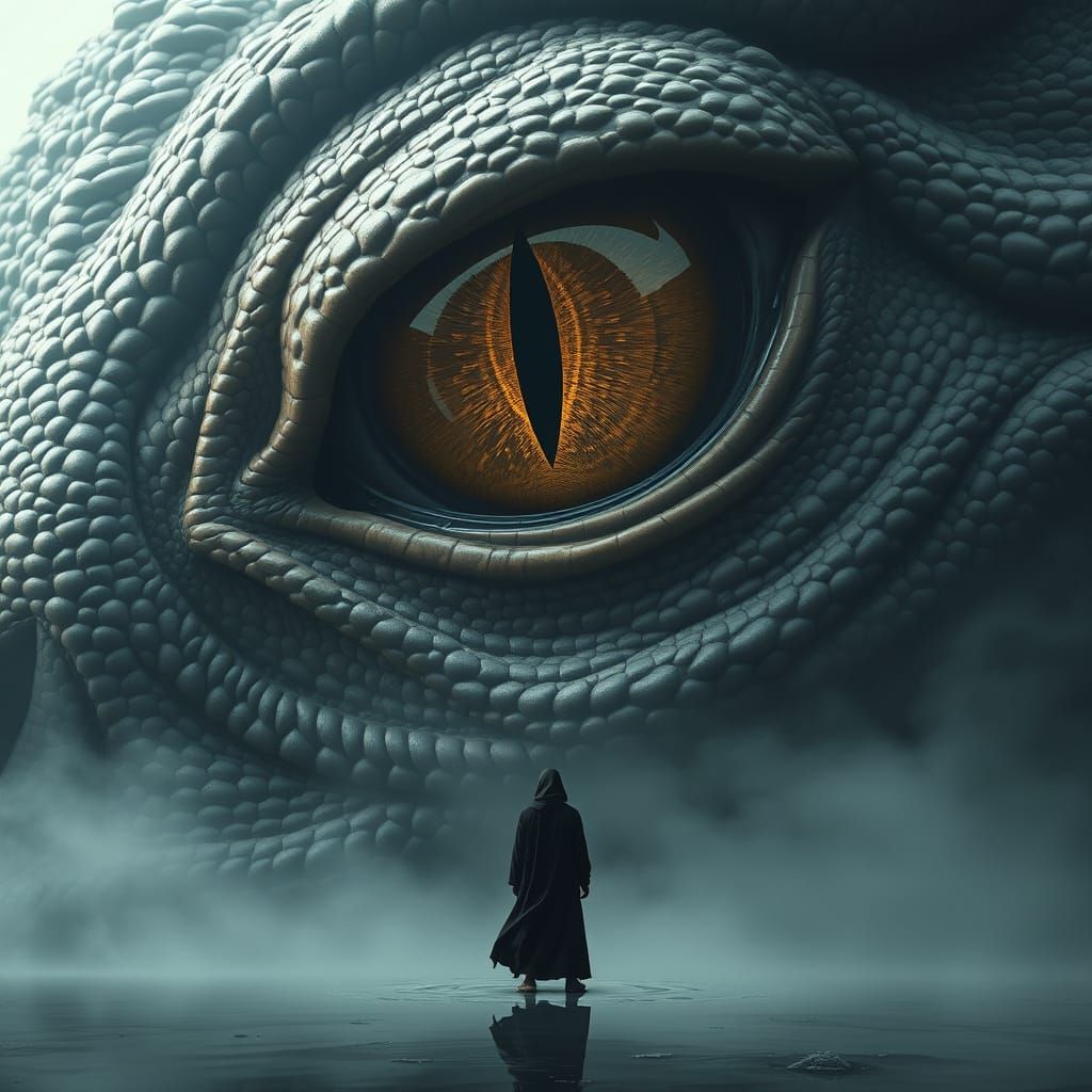 Colossal Reptilian Eye Dominates Dreamlike Landscape