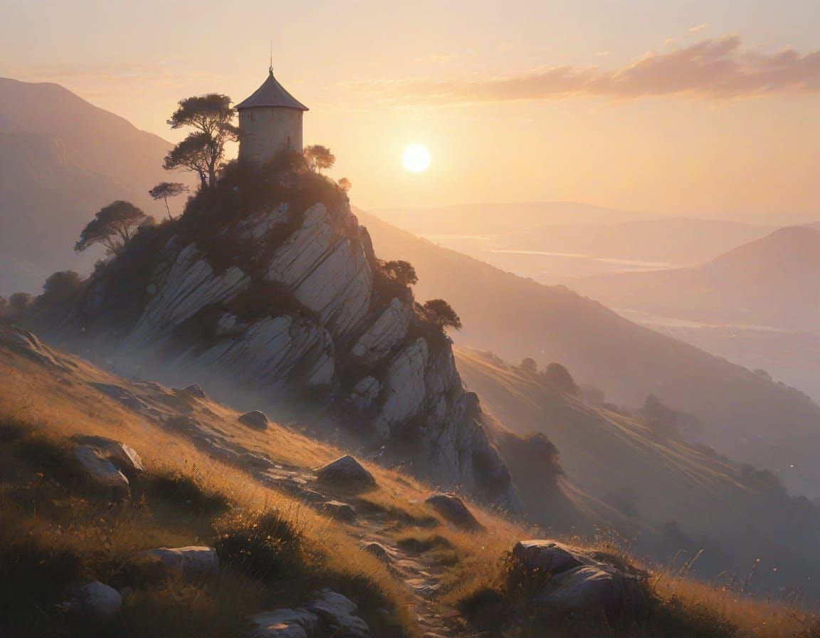 Stone Watchtower on Heather Hillside: Watercolour Sunset