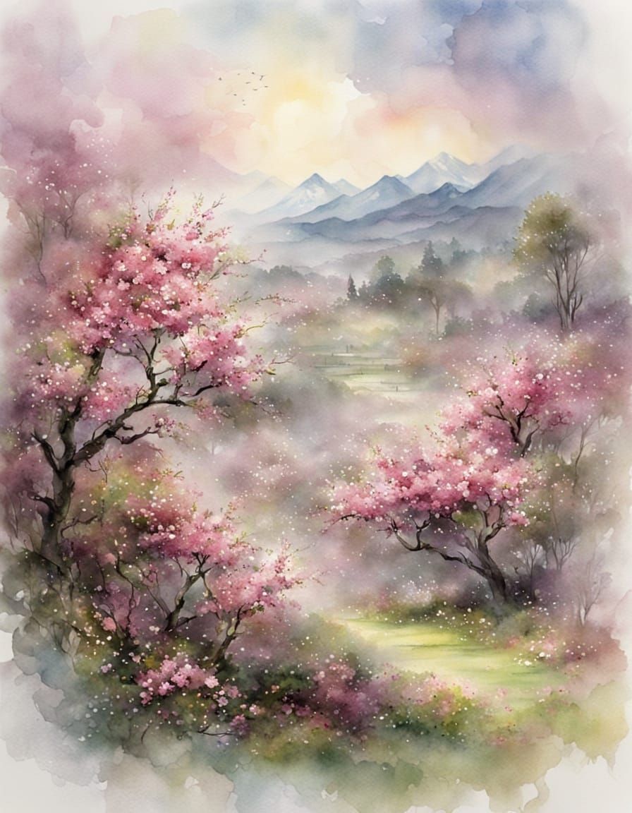 Ethereal Apple Blossoms in Watercolor and Ink