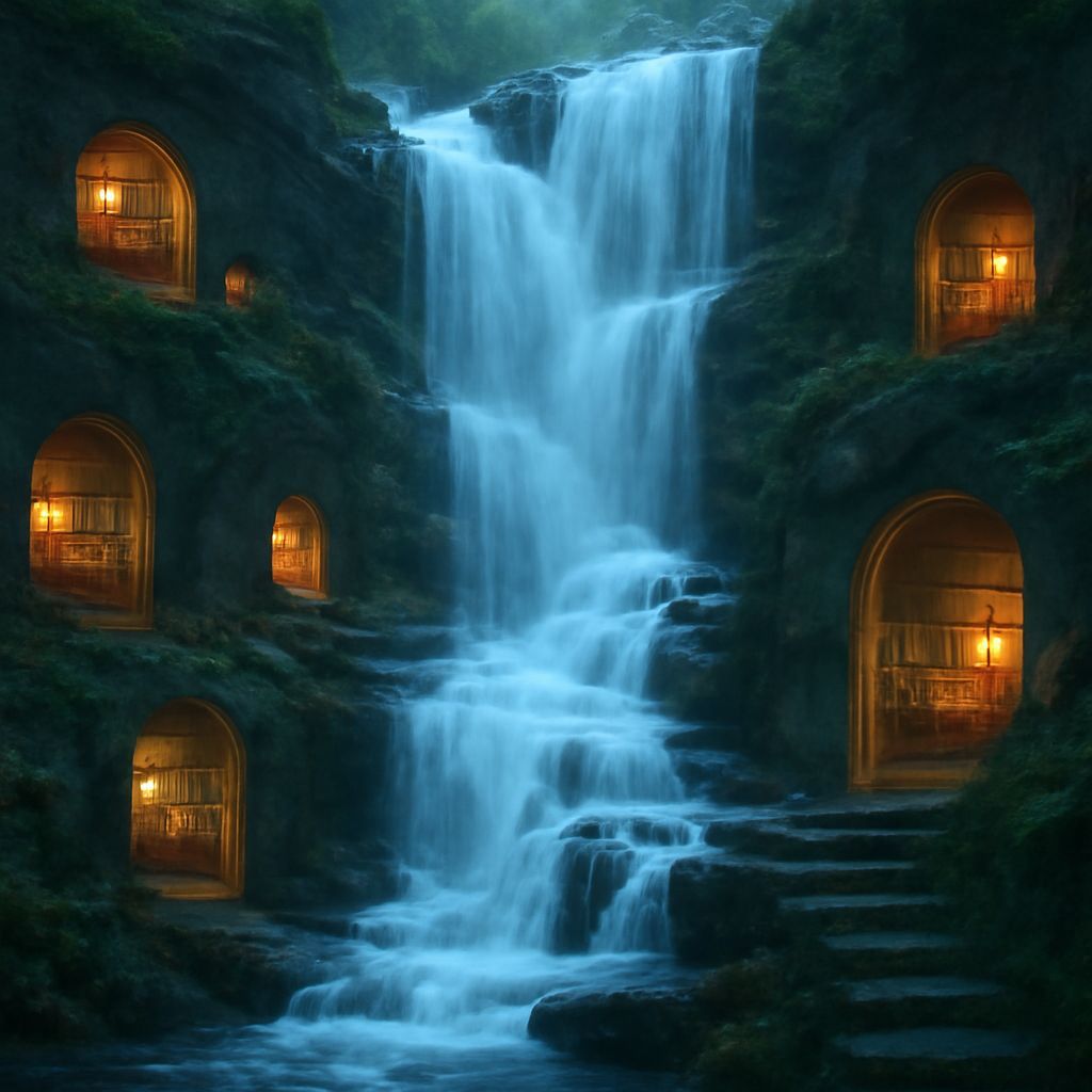 Ethereal Waterfall Village With Illuminated Homes