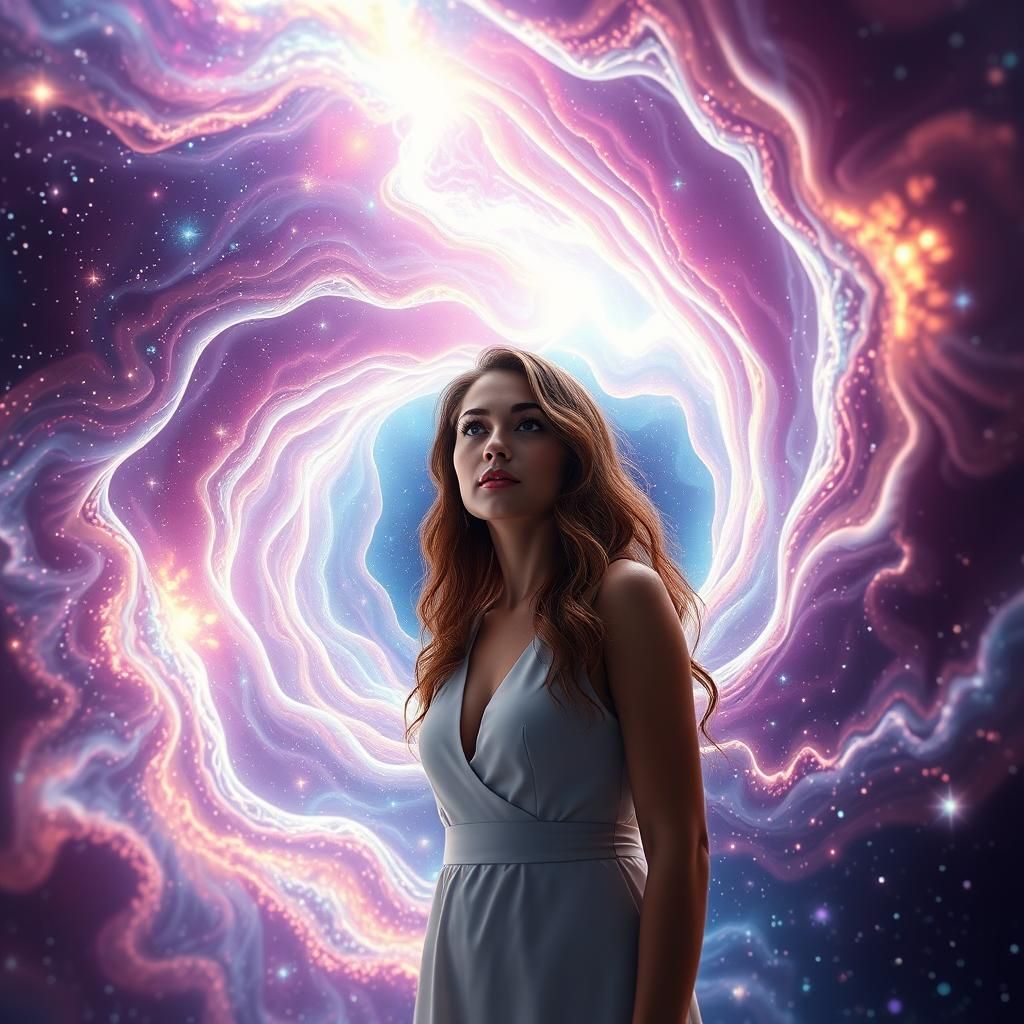 Woman at Interdimensional Portal in Starry Galaxy