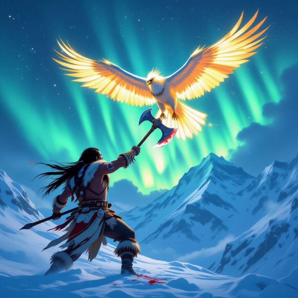 Native Warrior Battles Giant Falcon Spirit in Epic Fantasy A...