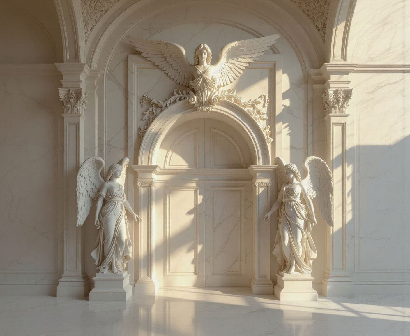 Ornate Ivory and Marble Archway with Angel Statues