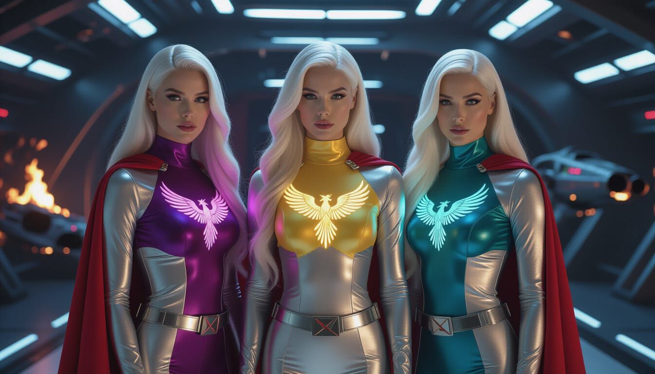 Heroic Trio on Futuristic Space Station in Film Still