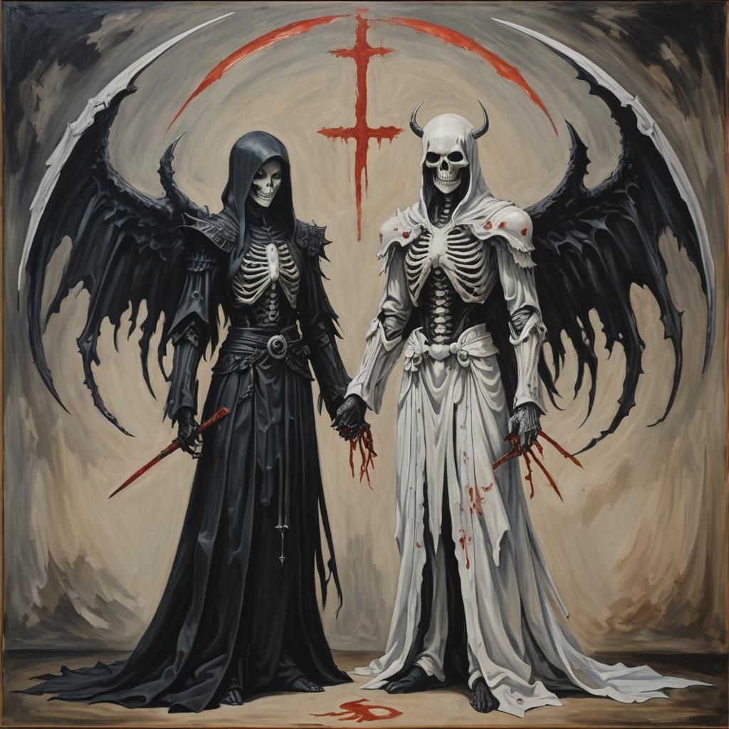 Symmetrical Oil Painting: Angel of Death and Shinigami
