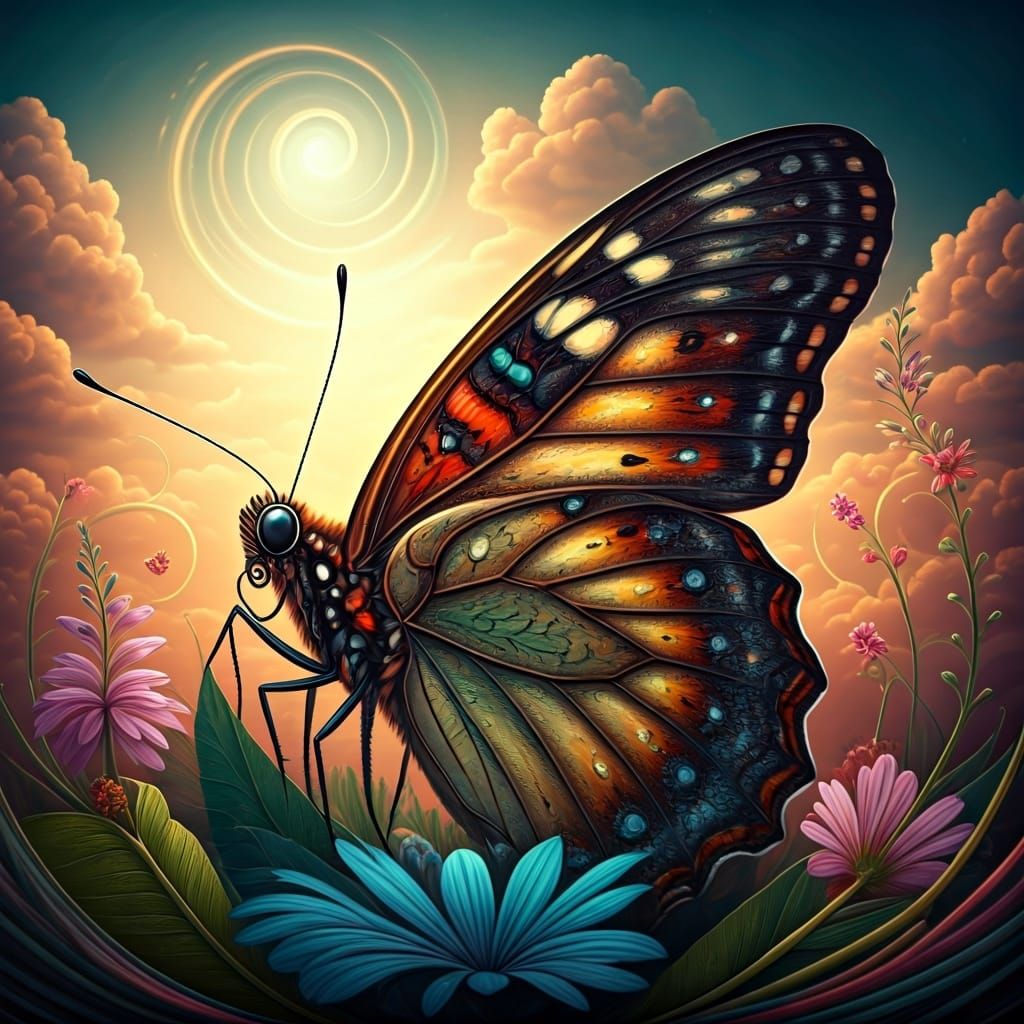 Whimsical Butterfly Surrounded by Vibrant Flora
