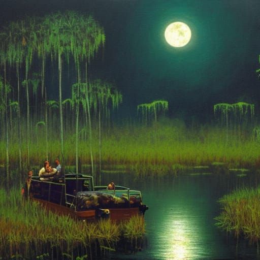 Airboat in Moonlit Everglades, Oil Painting