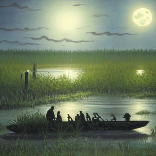 Moonlit Swamp Airboat Ride in Oil Painting Style