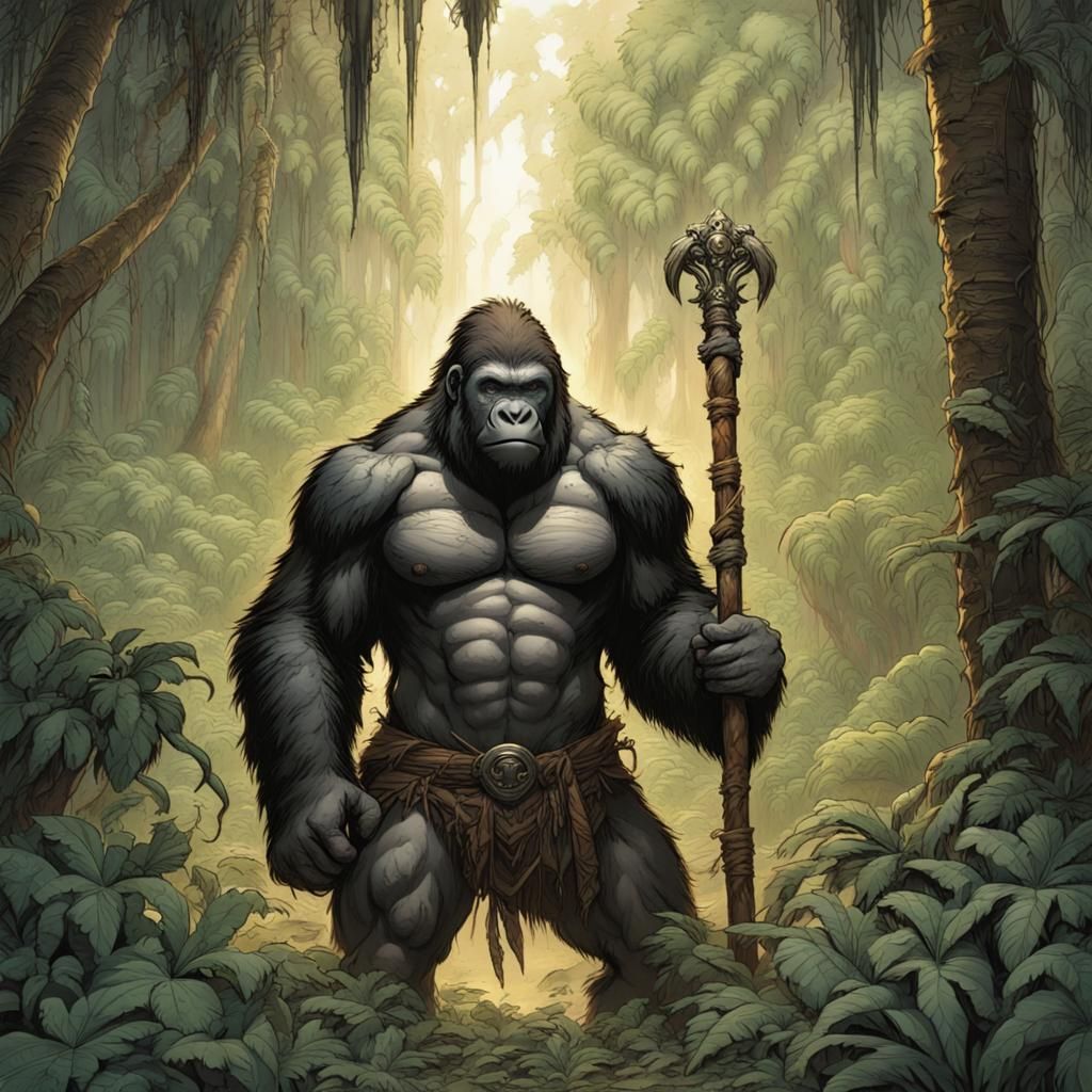 Jungle Adventure: Gorilla and Man with Staff