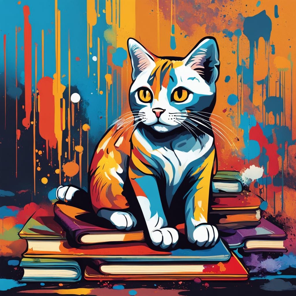 Vibrant Graffiti Cat Sits on a Book in High Contrast Colorfu...