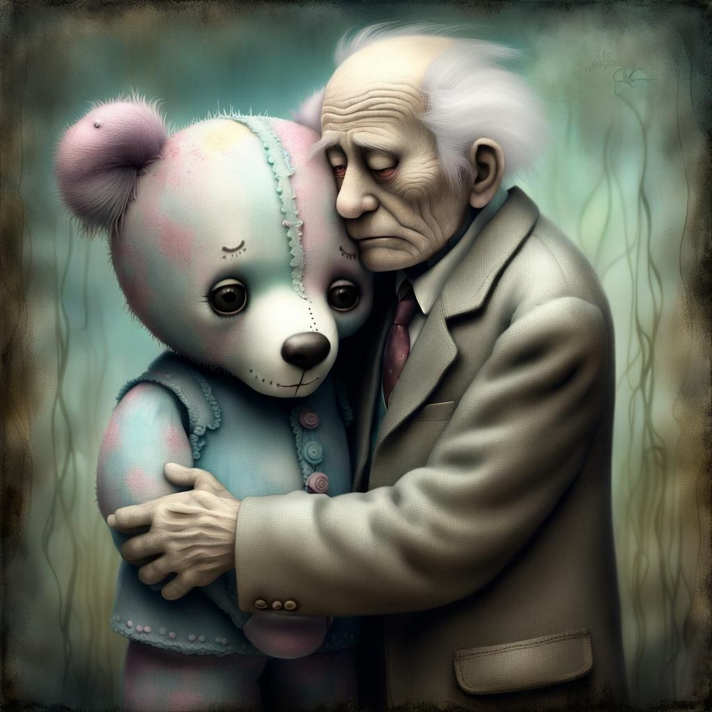 Eerie Embrace: Old Man with Teddy Bear