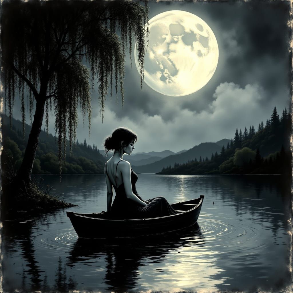 Woman Under Soft Moonlight in Elegant, Flowing Gown