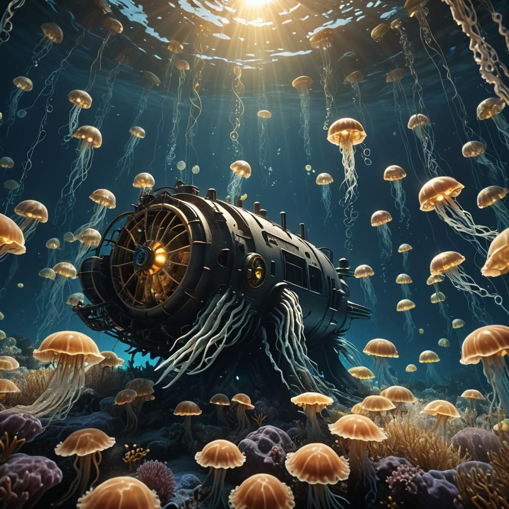 Nautilus Submarine Emerges in Bioluminescent Ocean