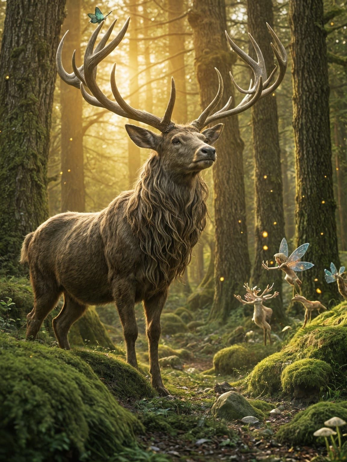Mythical Stag in Celtic Forest at Golden Hour