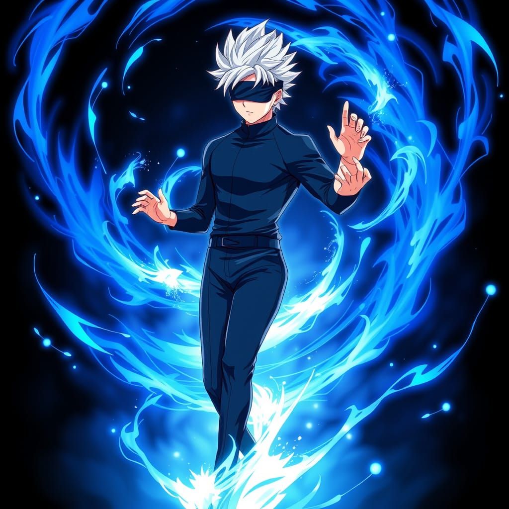 Anime-Style Jujutsu High Student with Swirling Blue Aura